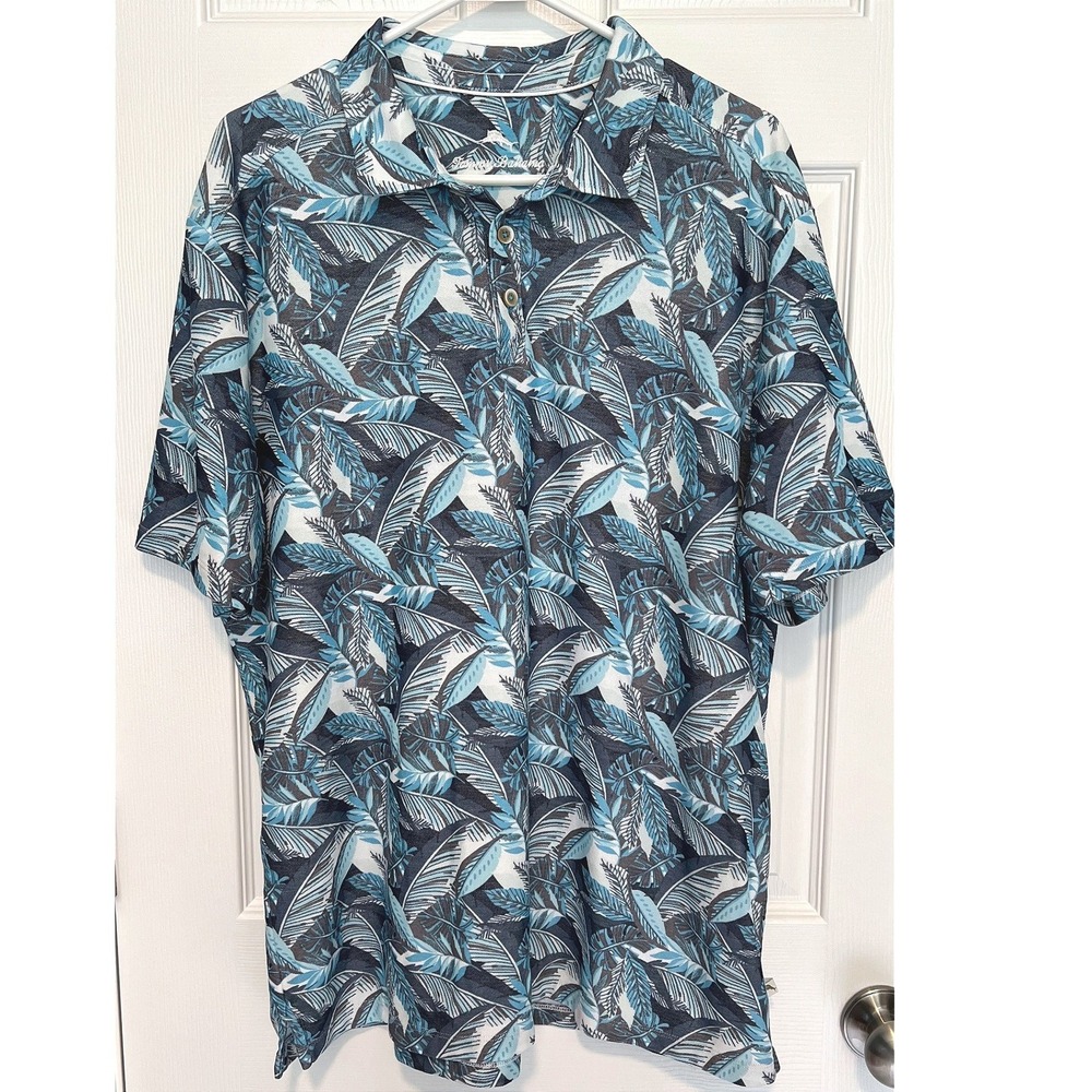 Tommy Bahama Mens XL IslandZone Polo Shirt Blue Tropical Palm Leaf Supima Cotton